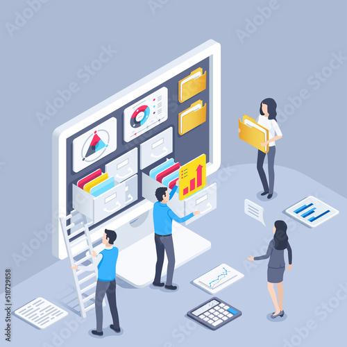 isometric vector illustration on a gray background, people work with data on a computer screen, work with archive