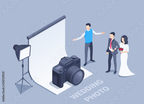 isometric vector illustration on a black background, a photographer next to a banner and a camera invites a wedding couple to a photo shoot, studio professional photo