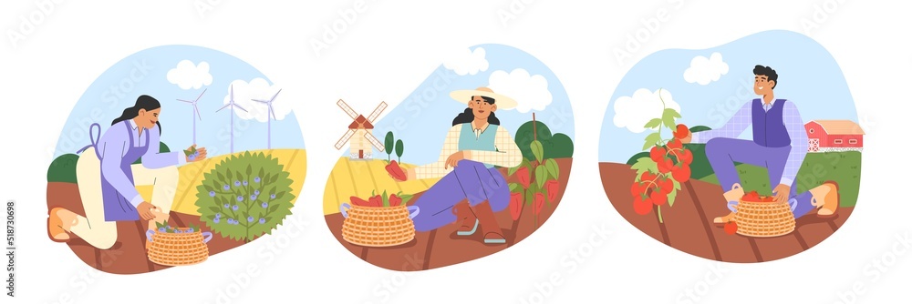 Farmers set. Flat vector illustration with a group of farmers are harvesting. Concept of harvesting people.