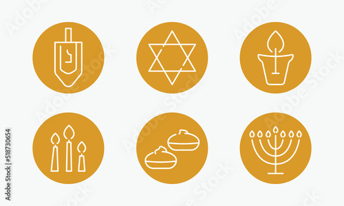 Hanukkah line icons set. Jewish religion holiday. Set includes icons as Hanukkah doughnut, menorah, dreidel, candle light, David star, kosher oil. Vector illustration