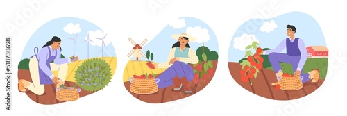 Farmers set. Flat vector illustration with a group of farmers are harvesting. Concept of harvesting people.