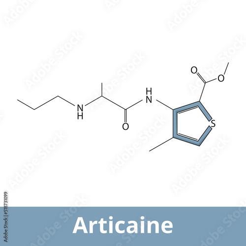 Articaine. Dental amide-type local anesthetic, the only local one to contain a thiophene ring. Causes a reversible state of loss of sensation during dental procedures photo