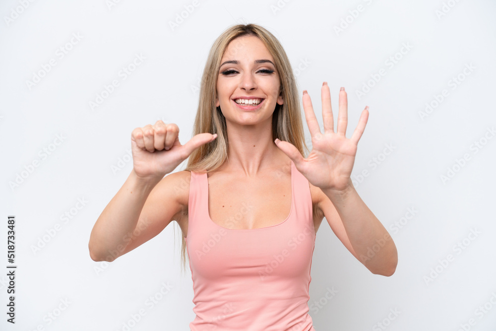 Pretty blonde woman isolated on white background counting six with fingers Pretty blonde woman isolated on white background counting six with fingers