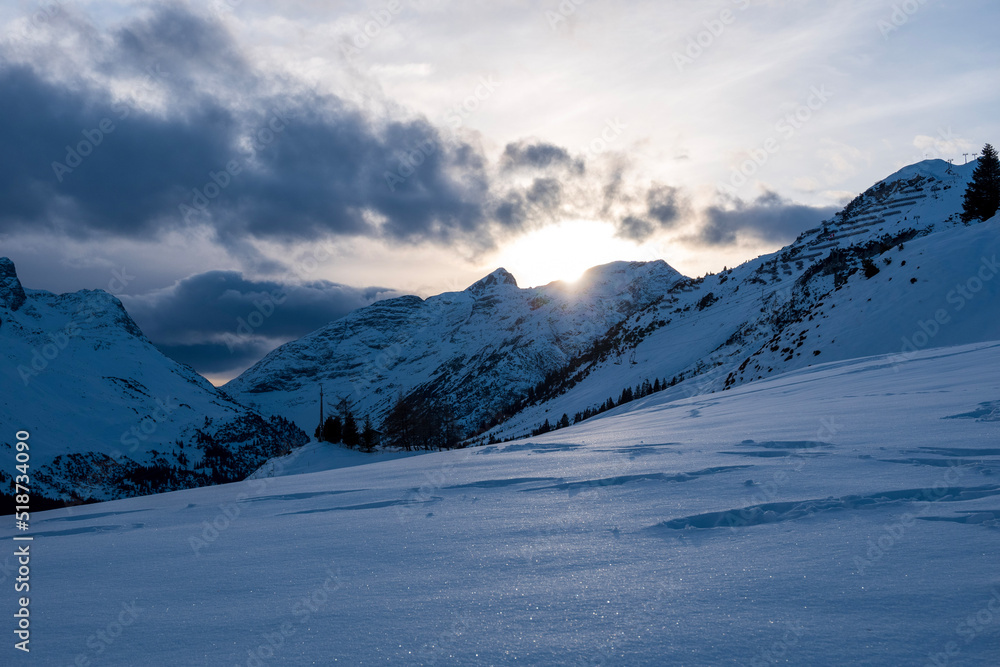 winter mountain landscape at sunset