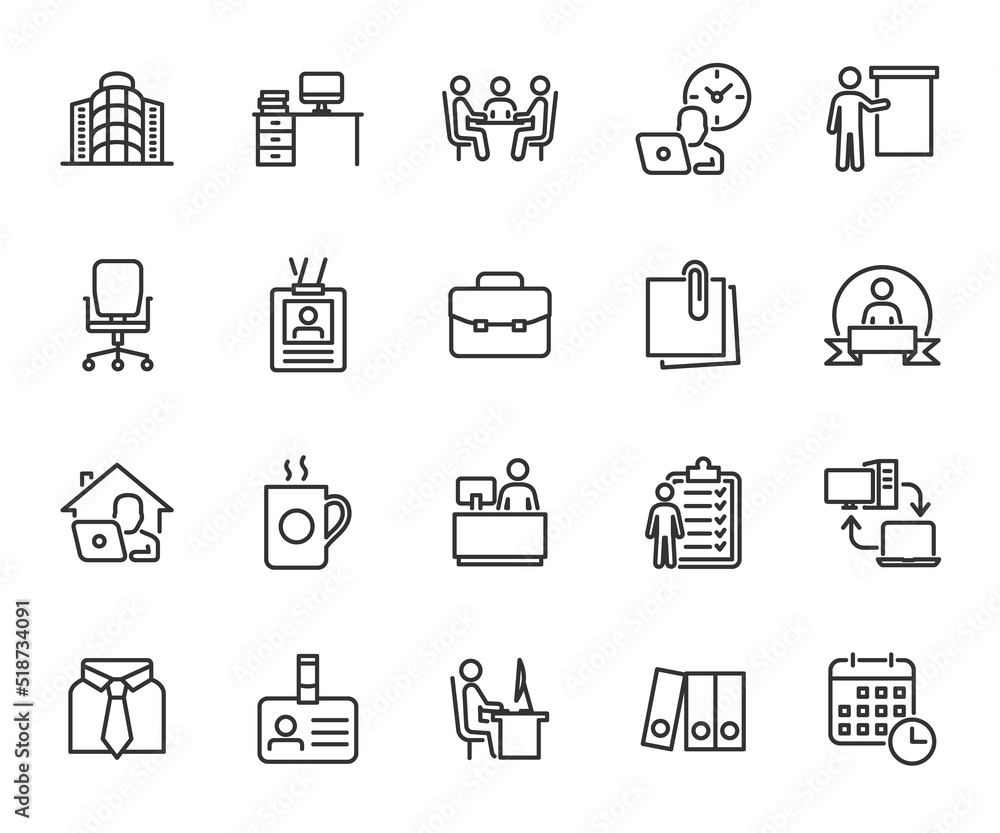 Vector set of office line icons. Contains icons workplace, office