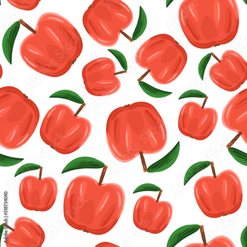 Summer seamless pattern with red apple and leaf in cartoon style