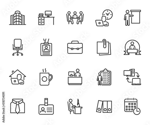Vector set of office line icons. Contains icons workplace, office building, dress code, work schedule, reception, work tasks, employee of the month, work from home and more. Pixel perfect.