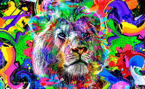 Lion head with colorful cre...