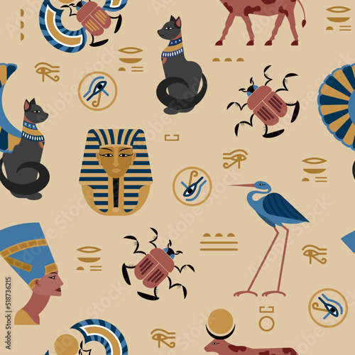 Ancient Africa pattern. Egyptian print. Mythology animals. Tutankhamun sculpture. Hieroglyph symbols. Egypt elements and landmarks with abstract backdrops. Vector seamless background