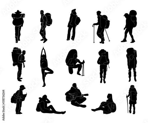 Hiker silhouettes. Man and woman hike with trekking backpacks. Travel family in adventure with sticks. Black body figures. Tourists poses. Standing or sitting people. Vector icons set