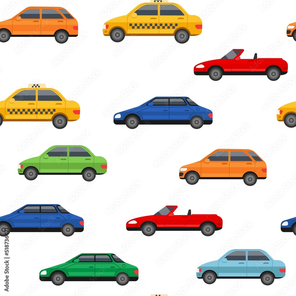 Car pattern. Road traffic print. Auto toy track with vehicles. Taxi cab. Cabriolet or crossover. Cartoon bus and automobile. Automotive highway. Retro drive. Vector seamless background