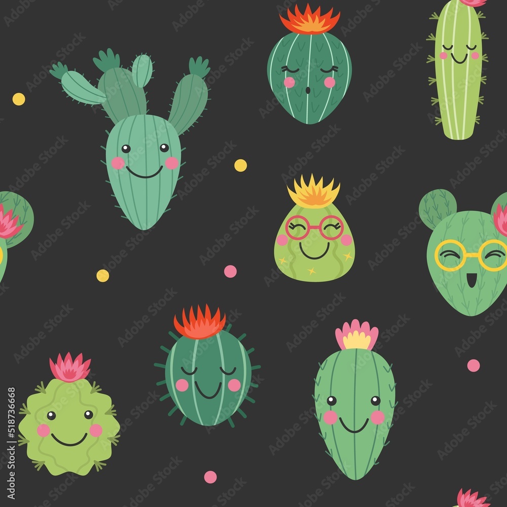 Cute cactus pattern. Summer flower print with plants, bright peru succulent and ficus exotic desert floral background. Decor textile, wrapping paper. Childish vector illustration template