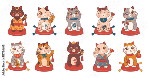 Japanese maneki neko cat set. Fortune happy kitty with money, waving coban coin, oriental lucky animal. Traditional japanese lucky talisman and souvenirs. Vector cartoon characters photo