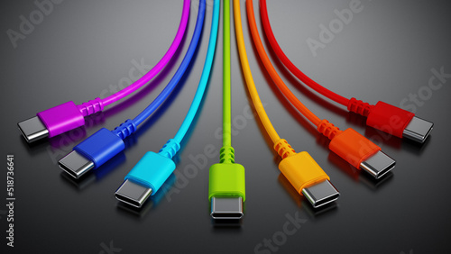 Colorful type C usb cables on dark background. 3D illustration