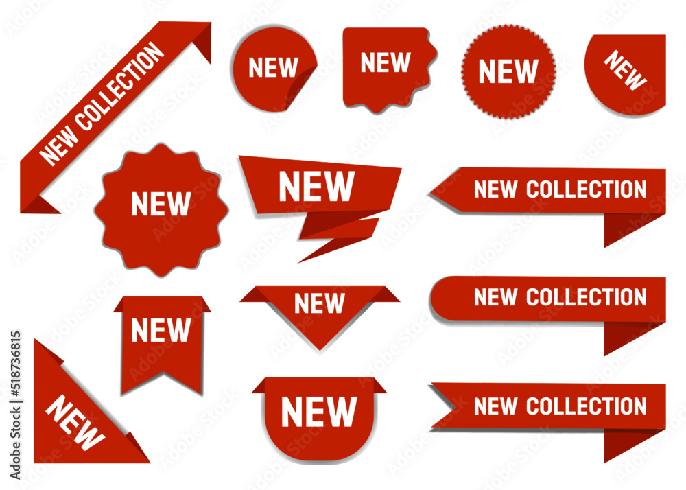 Label tags and ribbons. Price stickers for banner corner. New sale red