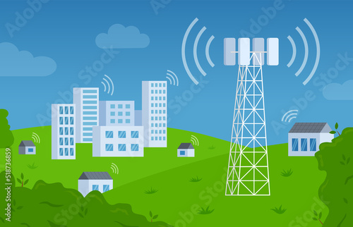 Radio telecommunication tower. Internet and mobile cellular telecom antenna. Wireless network signal. Communication and broadcast equipment. City landscape. Vector illustration concept