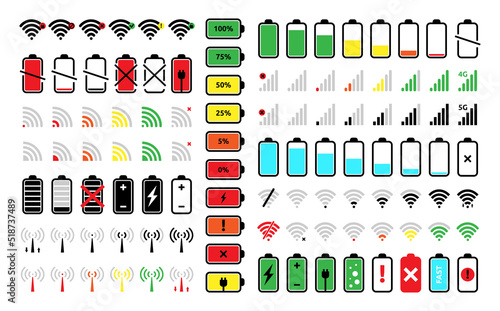 Battery and phone signal signs. Charge status, ui network, strength bar charger or cell, laptop download line, smartphone energy. Electric power indicator. Flat illustration. Vector set