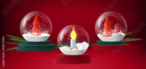 3d christmas snow ball globe. Merry xmas, realistic new year glass snowballs with tree and candles, red winter decoration elements. Glossy holiday toys. Vector isolated background