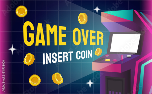 Arcade game retro background. Neon pixel machine with console buttons. Screen play for video gaming club. Glowing monitor. Coin insert tokens. Gamer entertainment. Vector illustration art