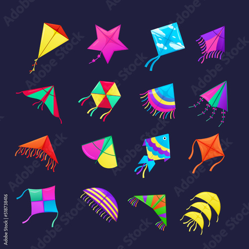 Festival kite. Colorful cartoon elements. Summer outdoors kids game, soaring fun toy with tails fly in sky. Makar Sankranti holiday. Freedom symbol. Graphic vector isolated illustration