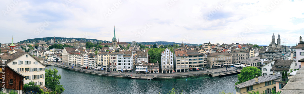 Panoramic view of Zurich city as seen from Lindenhof Hill