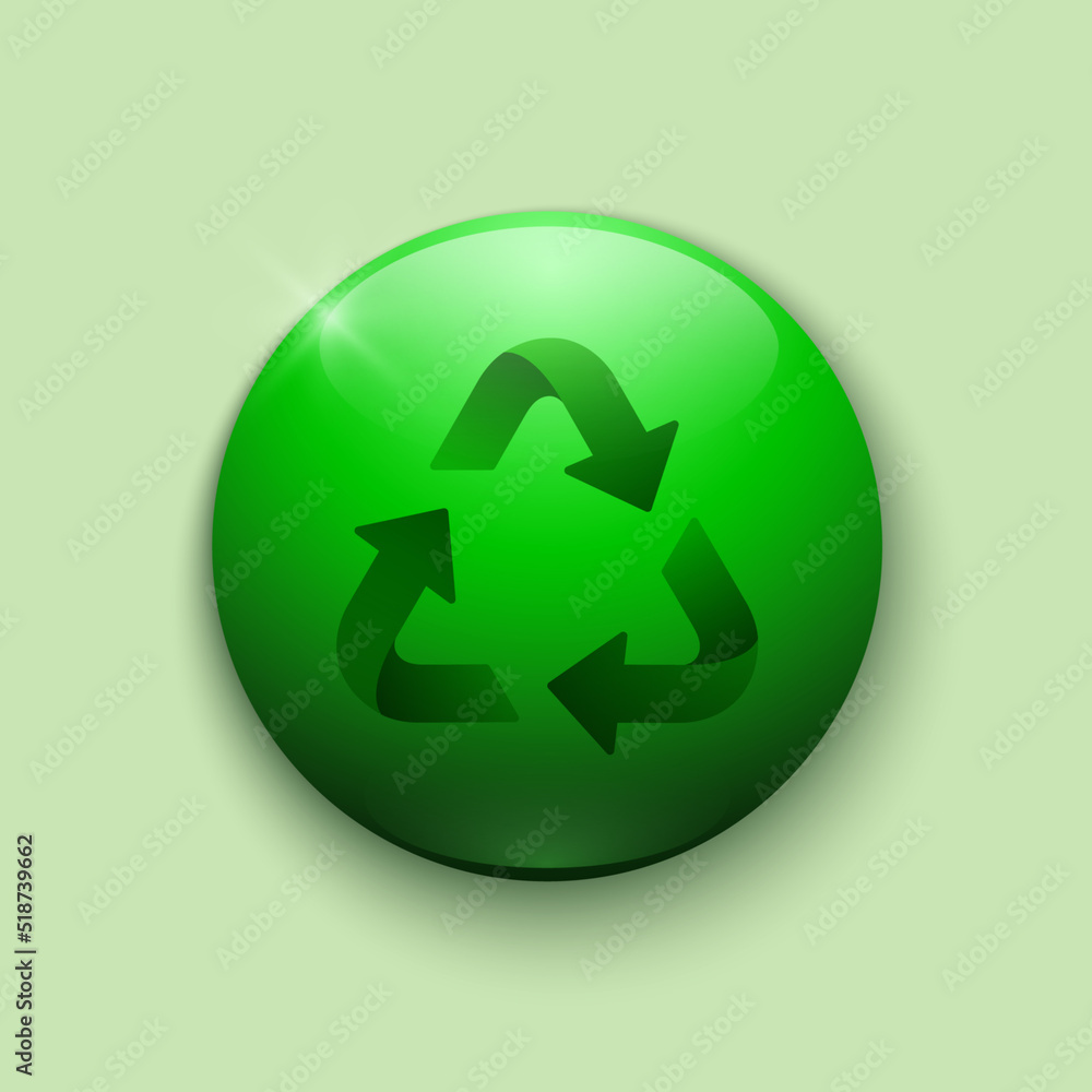 Realistic glossy button with recycle icon. 3d vector element of green color with shadow underneath. Best for mobile apps, UI and web design. EPS 10. Realistic glossy button with recycle icon. 3d vector element of green color with shadow underneath. Best for mobile apps, UI and web design. EPS 10.