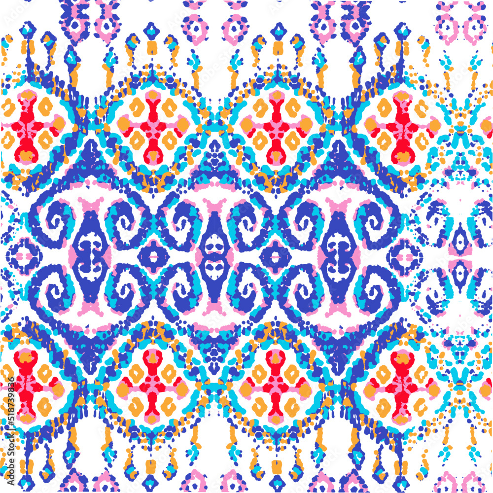 Rhombus Ikat Vector Pattern. Ogee Geometric Print. Wet Vintage Tie Dye Ornament. Abstract Ethnic Kilim.  Watercolor Batik Seamless Design. Vibrant Carpet Rug Chevron Motif. 
