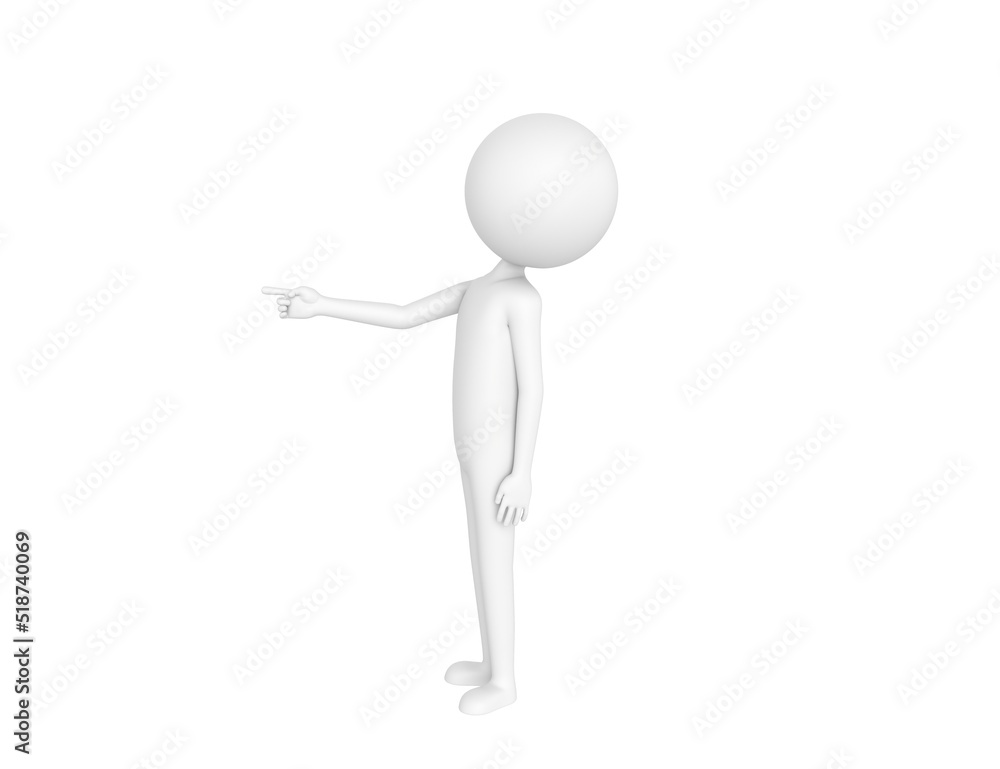 Stick Man character pointing index finger to the left in 3d rendering. Stick Man character pointing index finger to the left in 3d rendering.