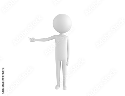 Stick Man character pointing his finger to the left in 3d rendering.
