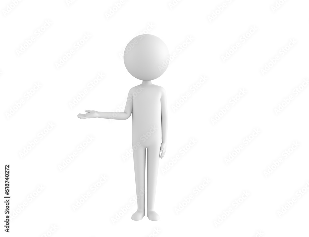 Stick Man character looking to camera and pointing hand to the side in 3d rendering. Stick Man character looking to camera and pointing hand to the side in 3d rendering.
