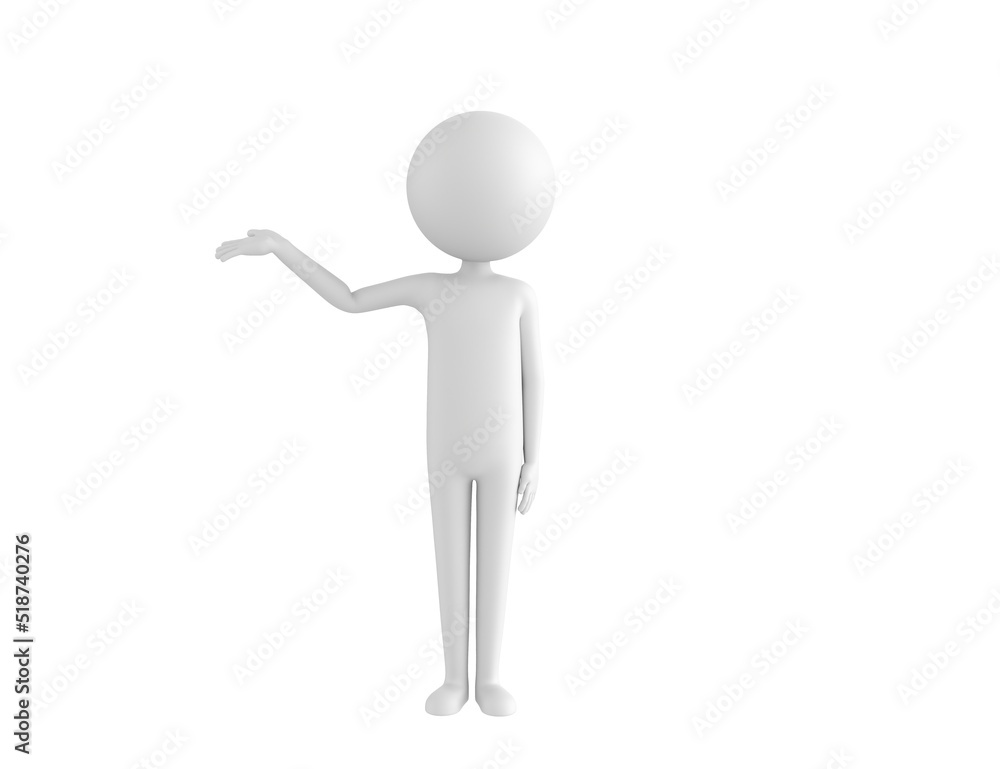 Stick Man character raise his hand and pointing to the side in 3d rendering. Stick Man character raise his hand and pointing to the side in 3d rendering.