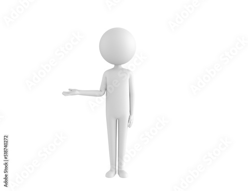 Stick Man character looking to camera and pointing hand to the side in 3d rendering.