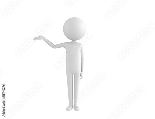 Stick Man character raise his hand and pointing to the side in 3d rendering.