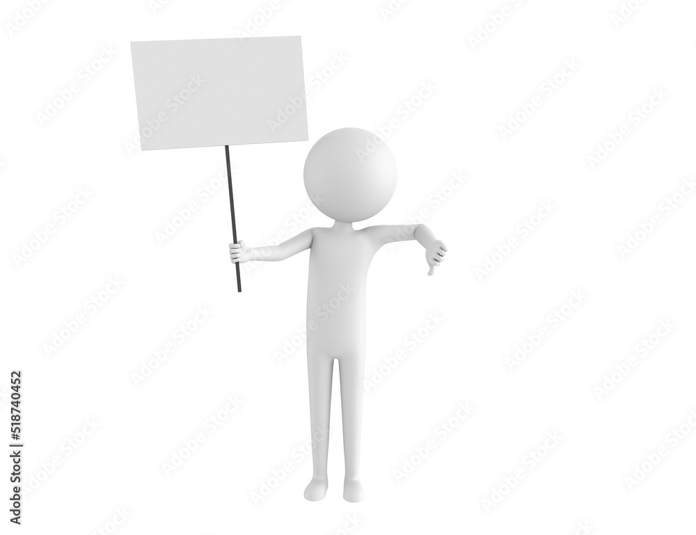 Stick Man character holding a blank billboard and give thumb down in 3d rendering. Stick Man character holding a blank billboard and give thumb down in 3d rendering.
