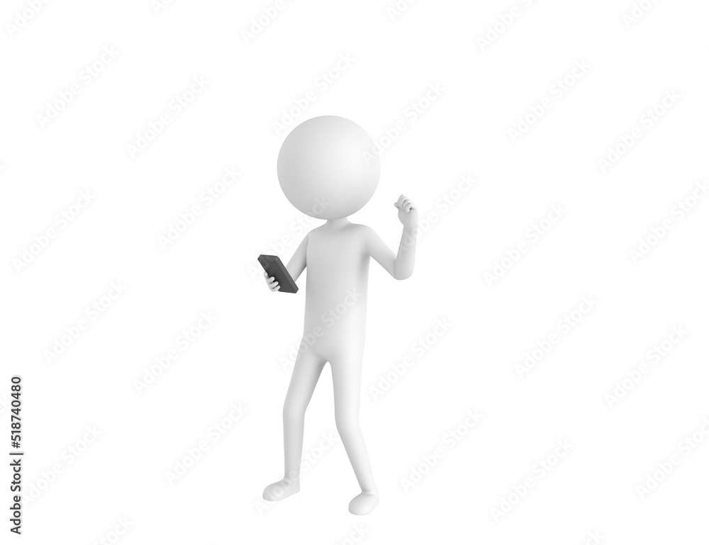 Stick Man character looking his phone and doing winner gesture with fists up in 3d rendering. Stick Man character looking his phone and doing winner gesture with fists up in 3d rendering.