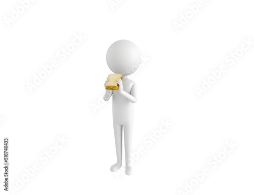 Stick Man character eating sandwich in 3d rendering.