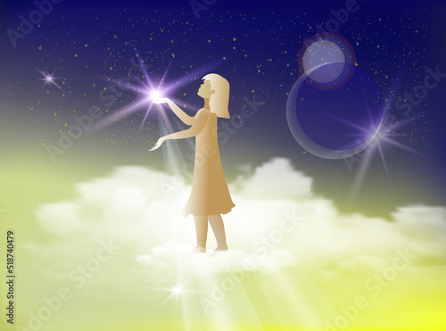 A child girl stands on a cloud and holds a shining star in her palm against the background of the night starry sky. Mystical, surreal, imaginary world, the concept of a dream or life after death.