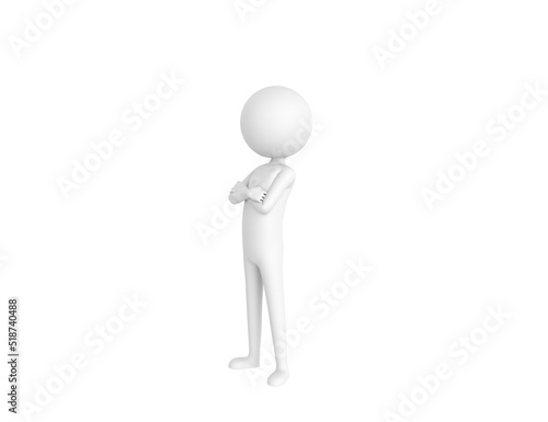 Stick Man character smiling with arms crossed look to the side in 3d rendering.