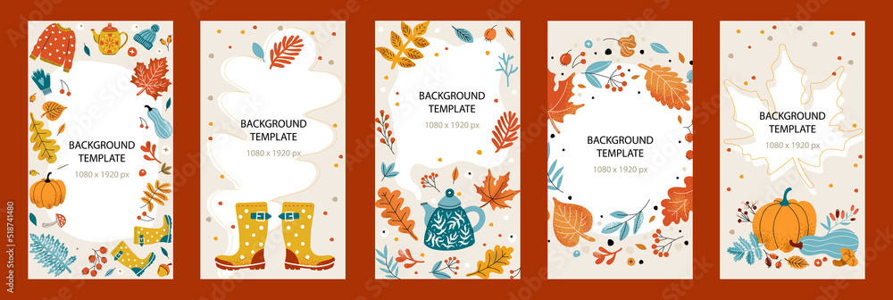 autumn template 1080x1920 for stories. Design with autumn cozy leaves, teapot, sweater 
 and copyspace on beige background