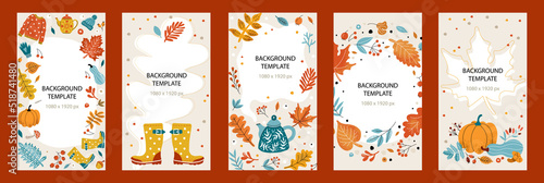 autumn template 1080x1920 for stories. Design with autumn cozy leaves, teapot, sweater 
 and copyspace on beige background