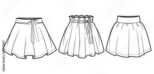 Skater Short Skirt, School Skirt, Paper Bag Waist Skater Skirt Fashion Illustration, Vector, CAD, Technical Drawing, Flat Drawing.