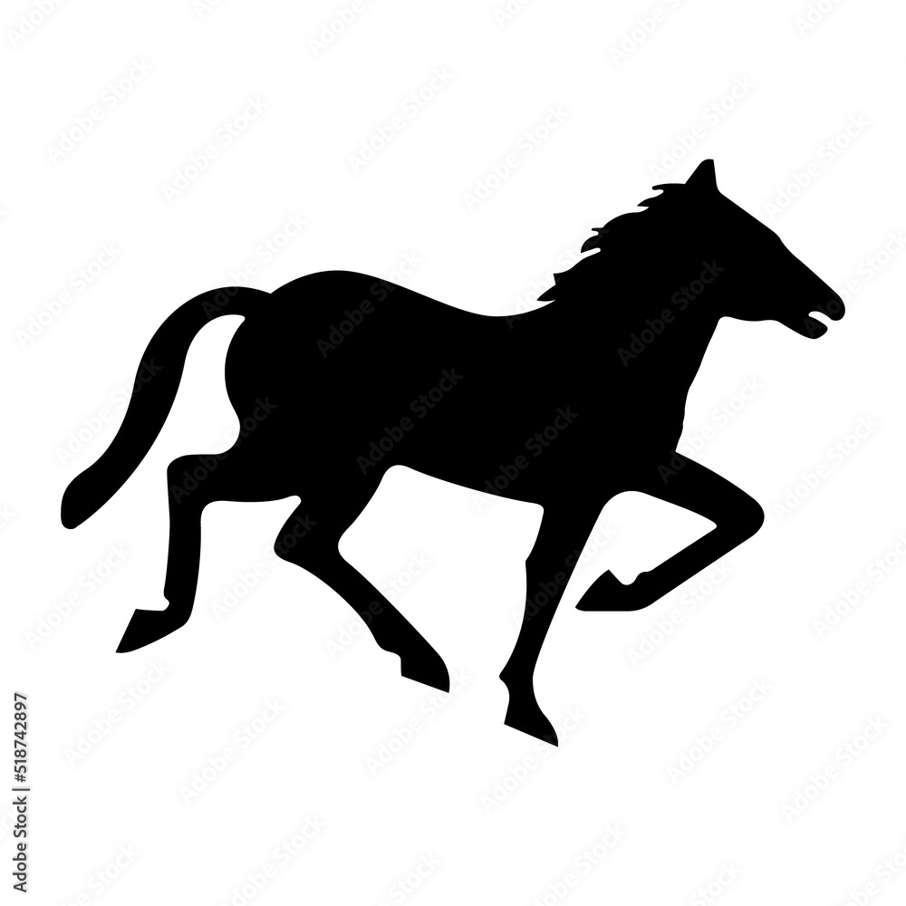 Horse icon. Vector illustration of trotting horse. Wild animal symbol isolated on white background. Black silhouette. Horse icon. Vector illustration of trotting horse. Wild animal symbol isolated on white background. Black silhouette.