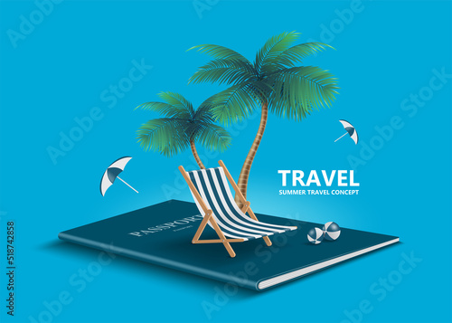 Deck chair for sitting on the beach and volleyball are placed on the  of the passport blue cover and behind it is a coconut tree and an umbrella floating in mid-air,vector 3d for summer travel concept