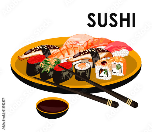 A large plate with sushi and rolls. Asian cuisine restaurant menu design with traditional Japanese seafood dishes flat vector illustration flat vector illustration