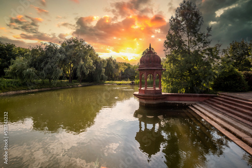 Print op canvas Somogyvamos at Lake Balaton in Hungary, red pagoda in the Krishna Valley at Lake