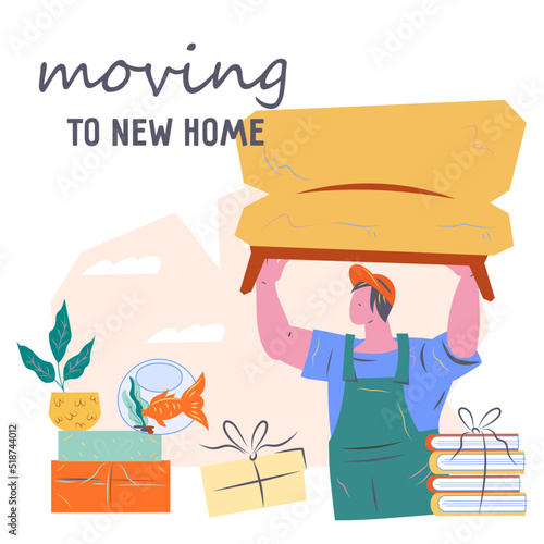 Moving to new home banner or flyer design for moving service and cargo delivery company, flat vector illustration isolated on white. Porters and movers service advertising banner or card layout.