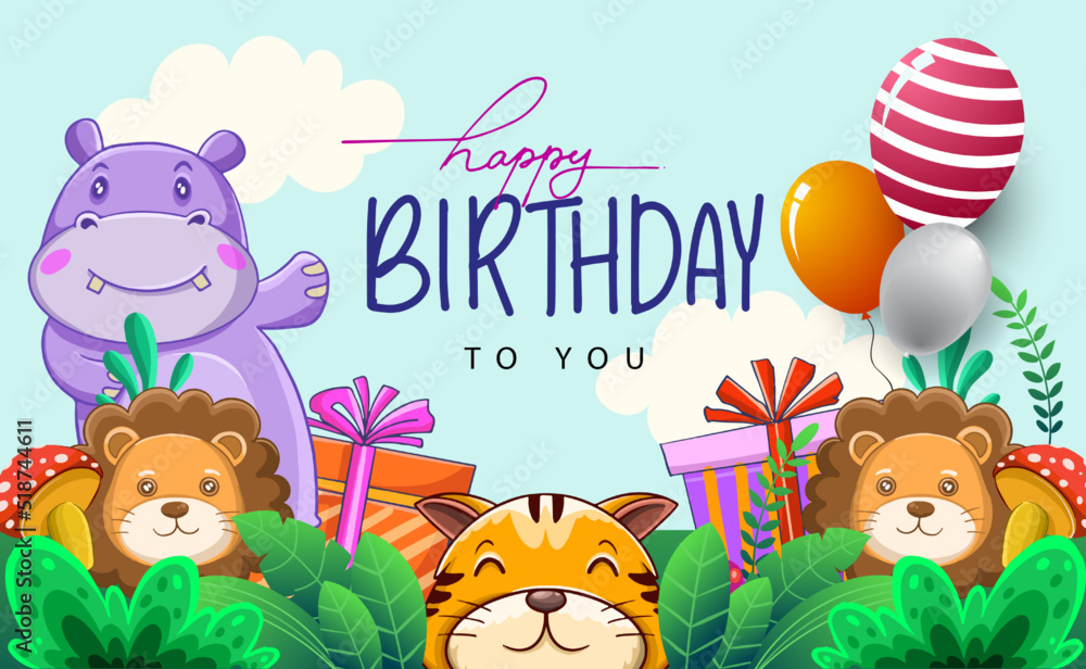 Fototapeta premium Children's birthday invitation and Greeting card, Happy Birthday party. Cute cartoon with balloon and gift, Jungle animals theme.