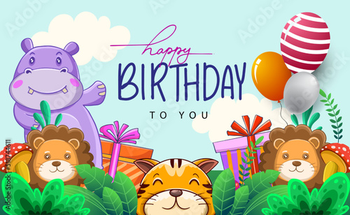 Fototapeta Naklejka Na Ścianę i Meble -  Children's birthday invitation and Greeting card, Happy Birthday party. Cute cartoon with balloon and gift, Jungle animals theme.