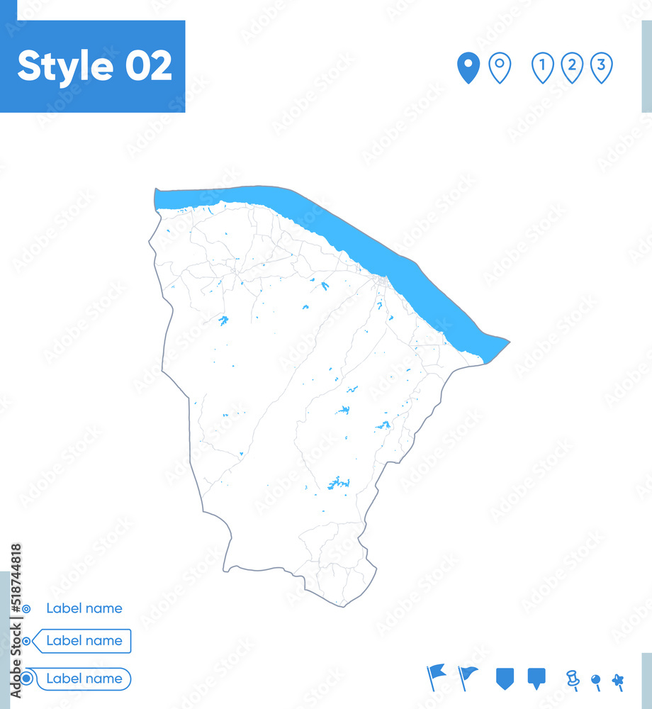 Fototapeta Ceara, Brazil - stroke map isolated on white background with water and roads. Vector map