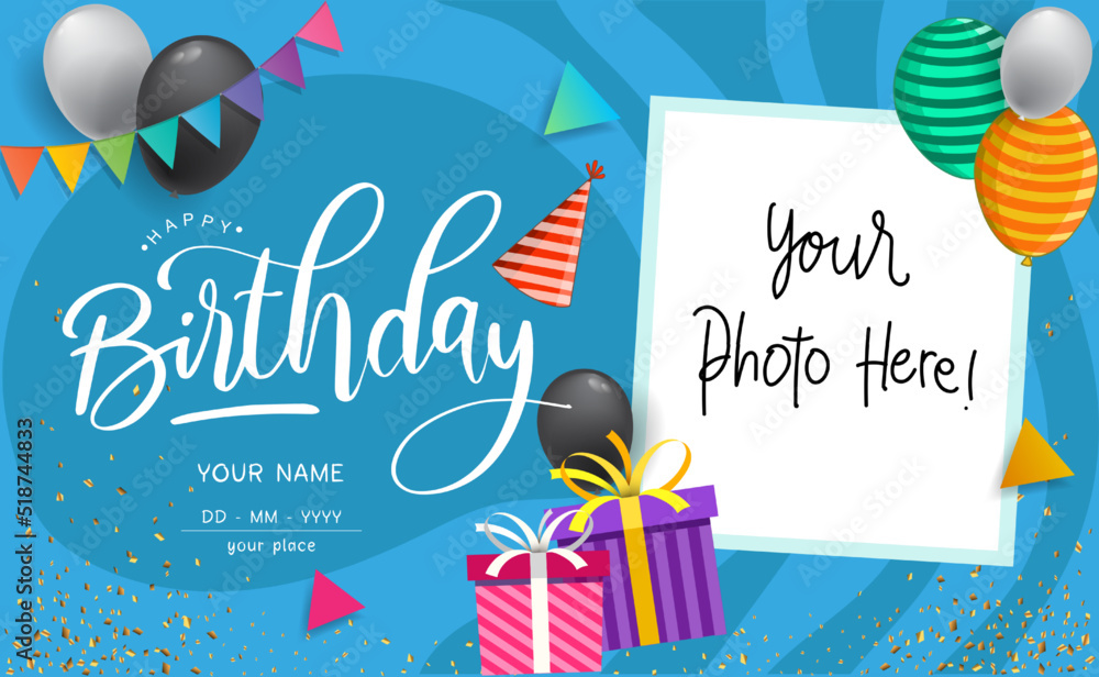 Happy Birthday typography vector design for greeting cards and poster with balloon, confetti and gift box, design template for birthday celebration.